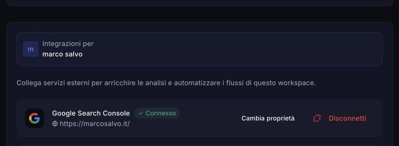 Dettaglio della connessione Google Search Console attiva in beknow