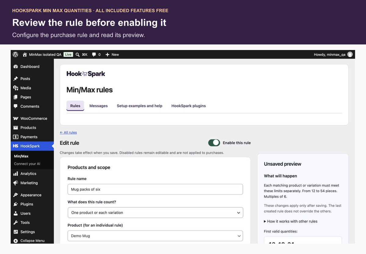 Configurazione di una regola Min Max nell'amministrazione di WooCommerce