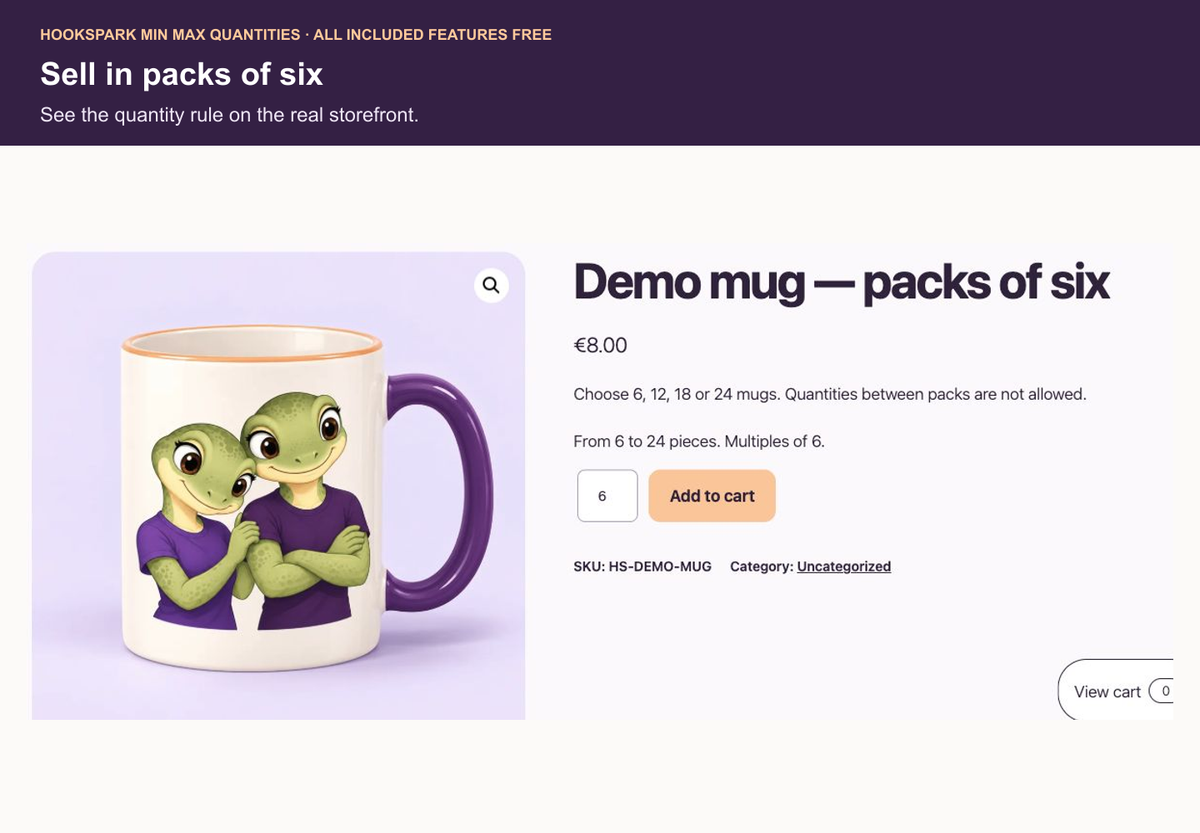 Il plugin gratuito HS Min Max Quantity in funzione sullo storefront WooCommerce