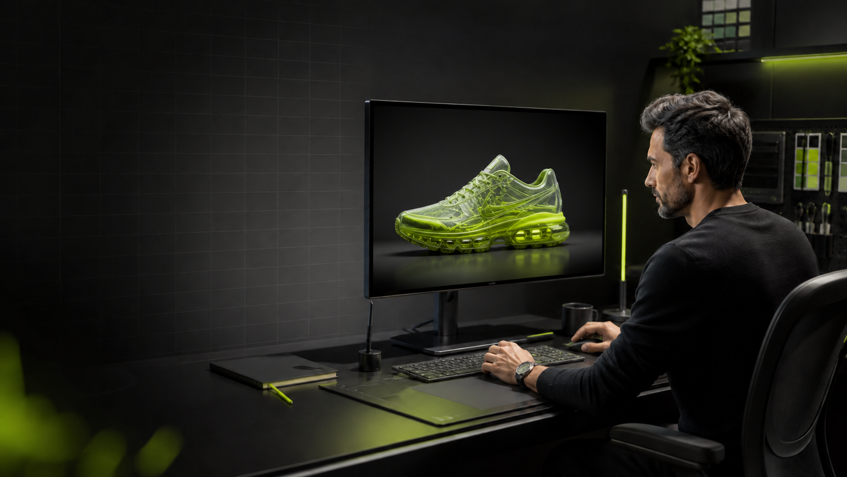 Modifica con ChatGPT: solo il contenuto del monitor diventa una sneaker verde