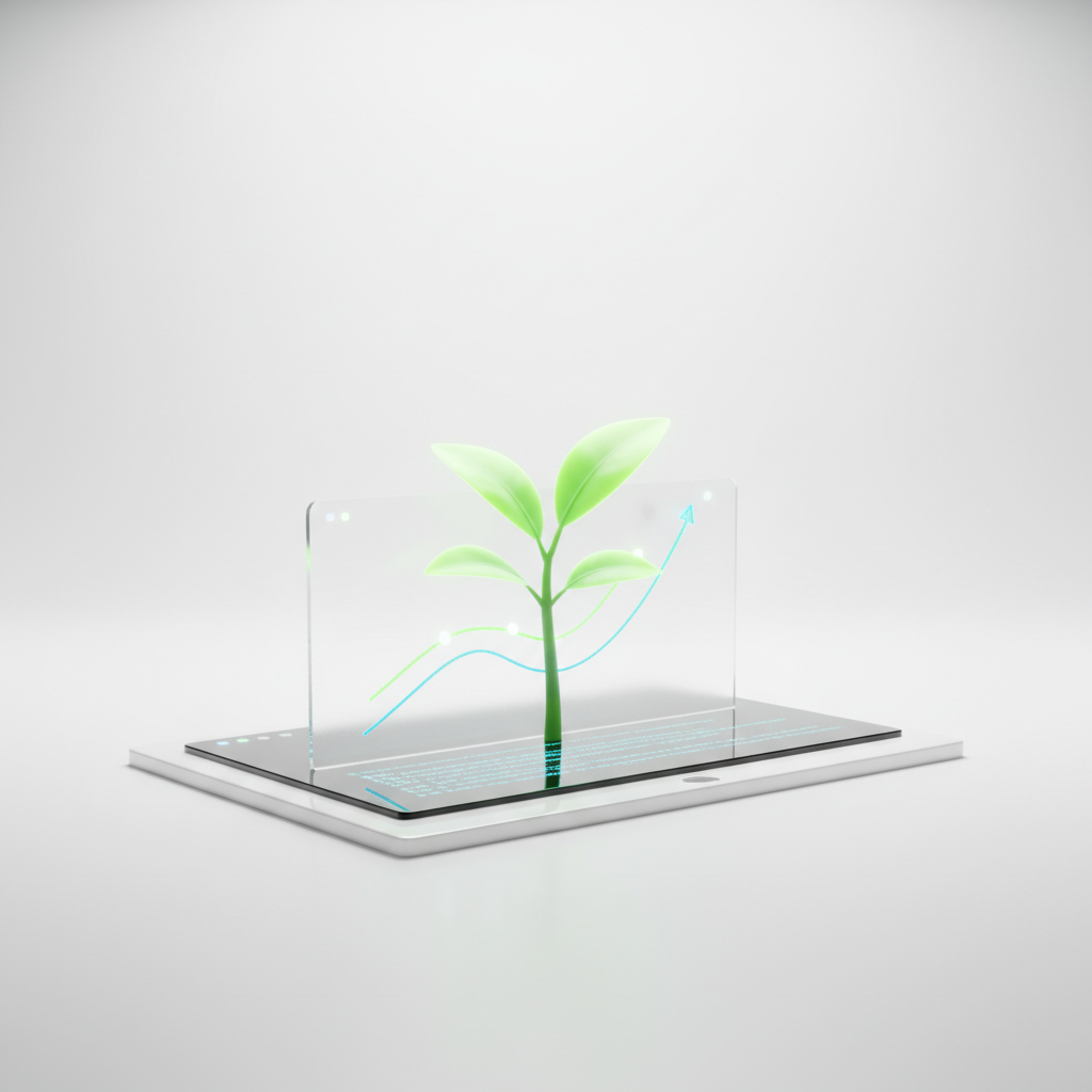 A minimalist and conceptual 3D render showing a small sapling growing out of a digital screen that d