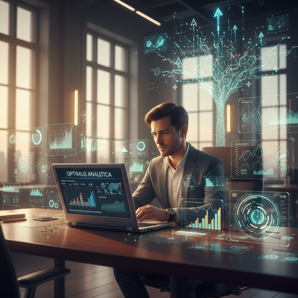 A professional, editorial-style image of a person at a desk, surrounded by data visualizations and a