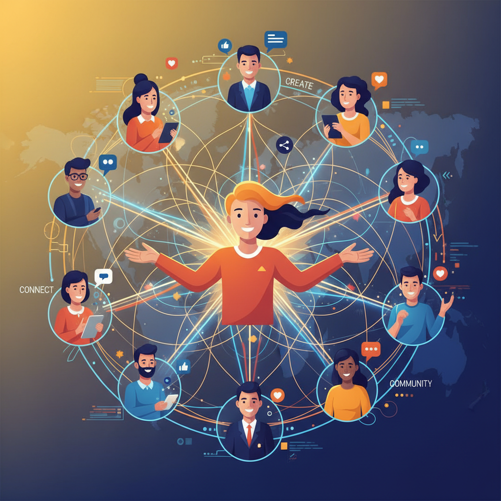 A vibrant, modern digital illustration showing diverse people connected through glowing network line