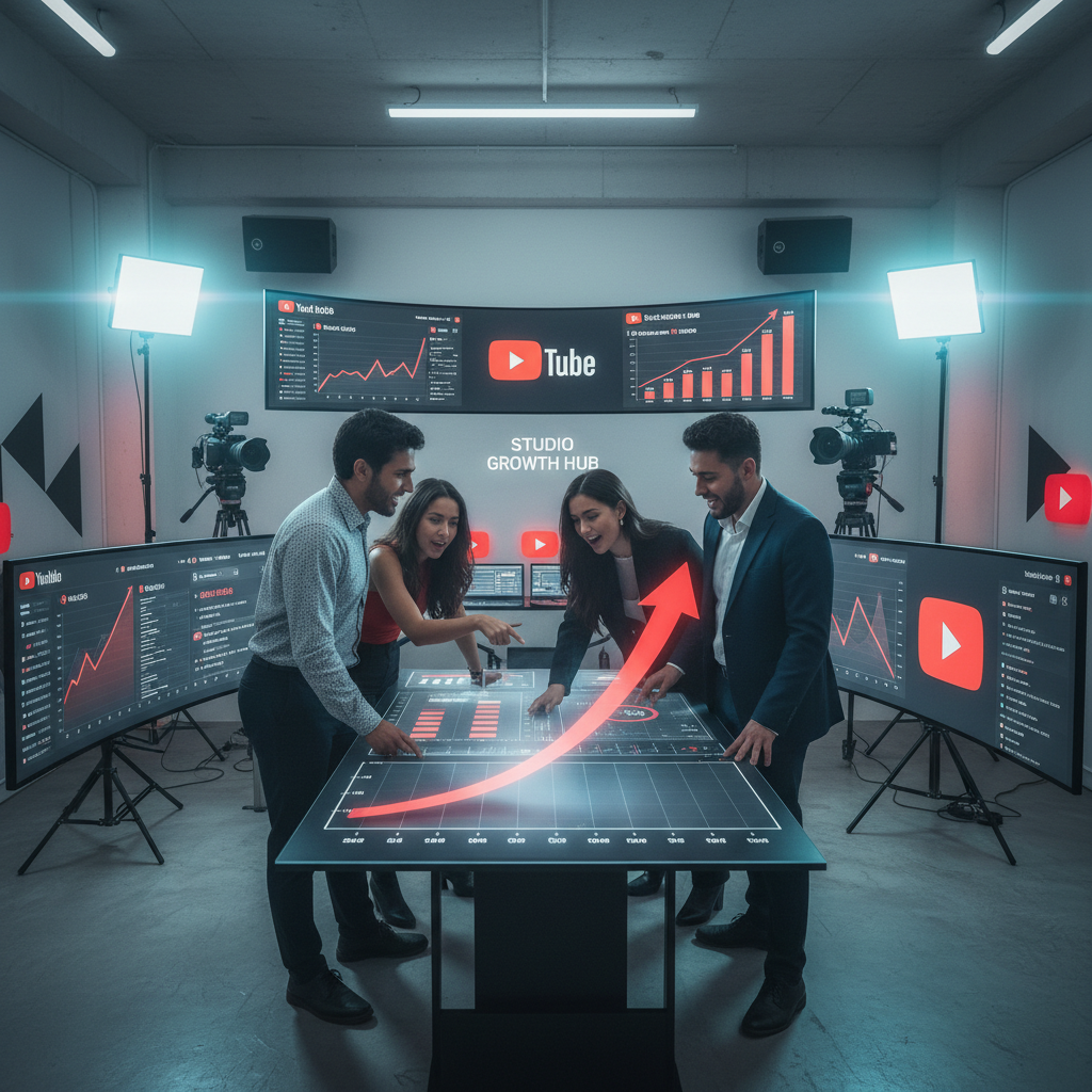 A high-quality, cinematic image showing a modern creator studio with multiple monitors displaying Yo