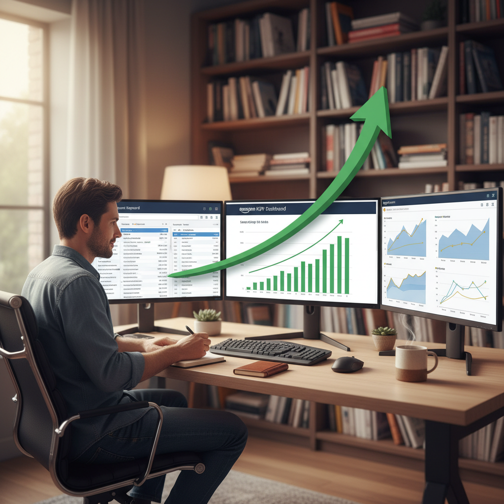 A high-quality, photorealistic image showing an independent author working at a modern desk with mul
