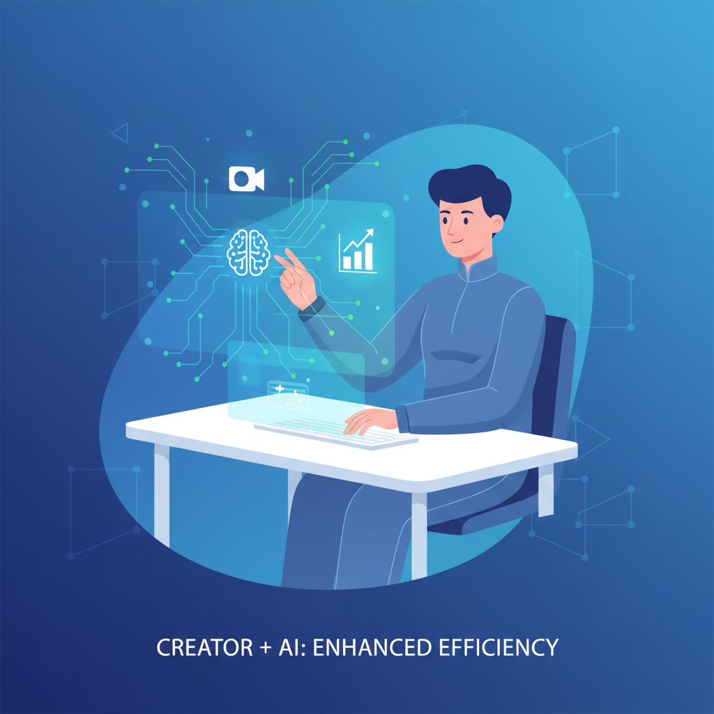 A sleek, minimalist illustration of a content creator interacting with an AI interface. The AI is re