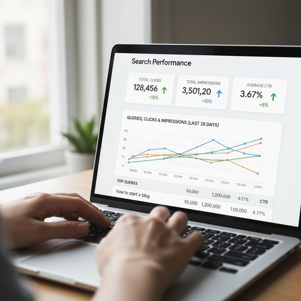 Editorial photography style, close-up shot of a person's hands typing on a laptop. On the screen, a