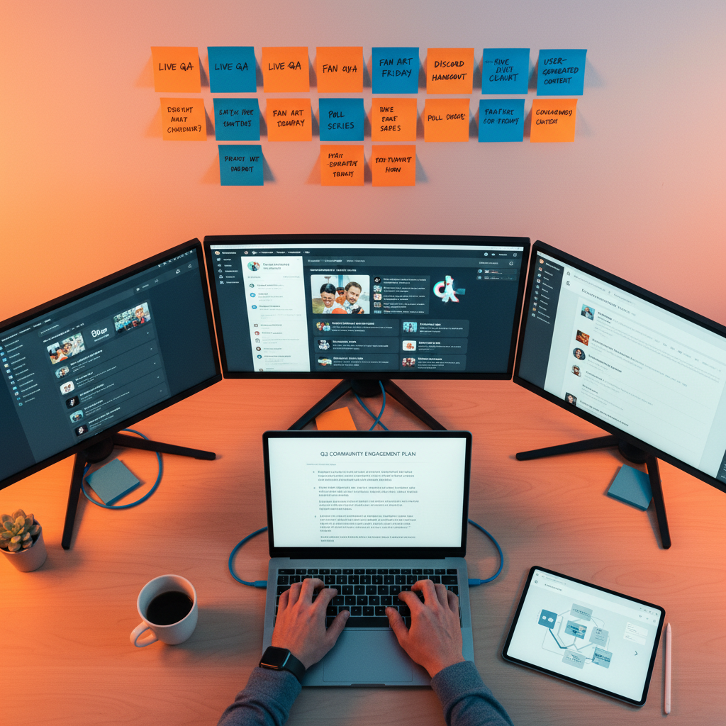 A modern workspace scene showing a content creator planning community engagement strategies. Multipl