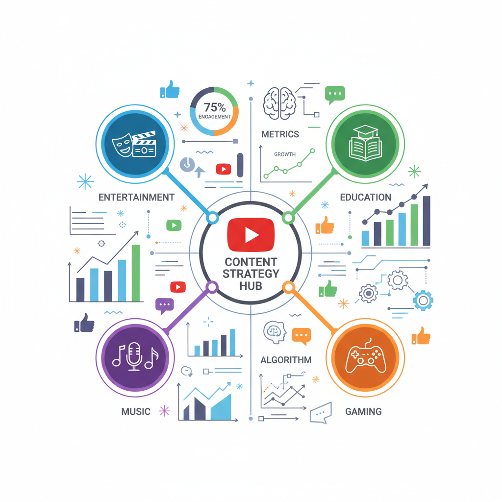 A professional infographic-style illustration showing YouTube content strategy elements: a central h