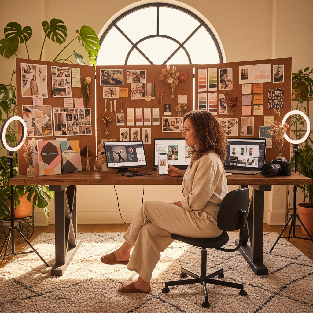 A creative content creator working on Instagram strategy, surrounded by mood boards, color palettes,