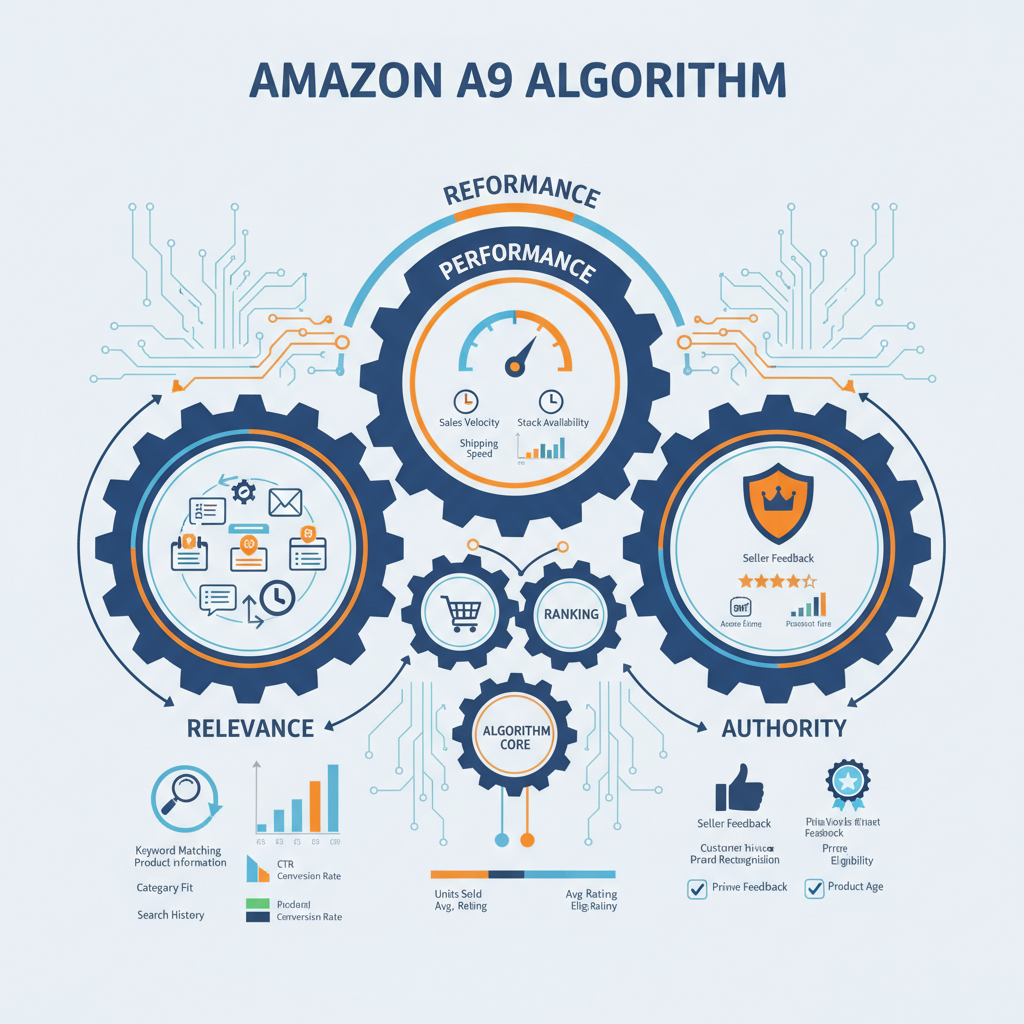 A detailed infographic-style illustration showing the Amazon A9 algorithm components with interconne