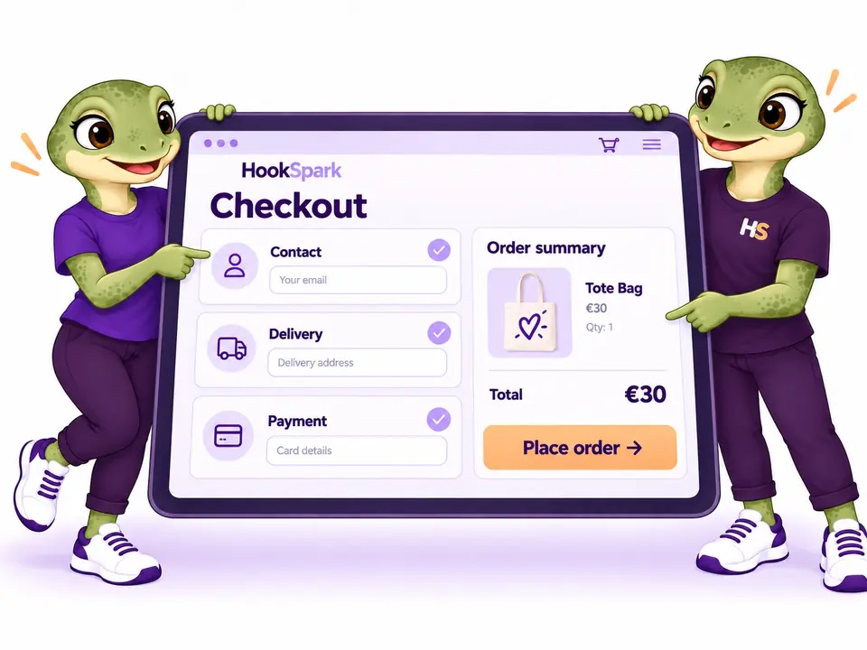Illustrazione HookSpark del checkout con contatti, consegna, pagamento e riepilogo ordine