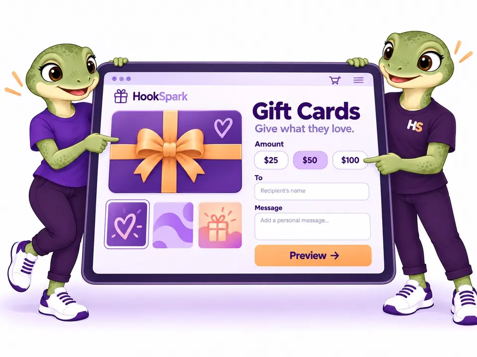 Illustrazione HookSpark di una gift card con importo, destinatario e messaggio personale