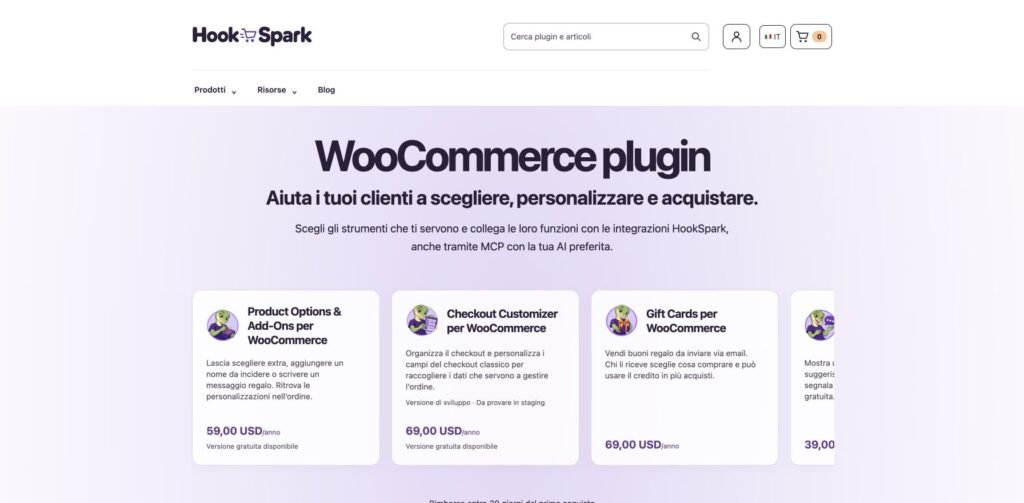 Anteprima della homepage HookSpark e dei suoi plugin WooCommerce.