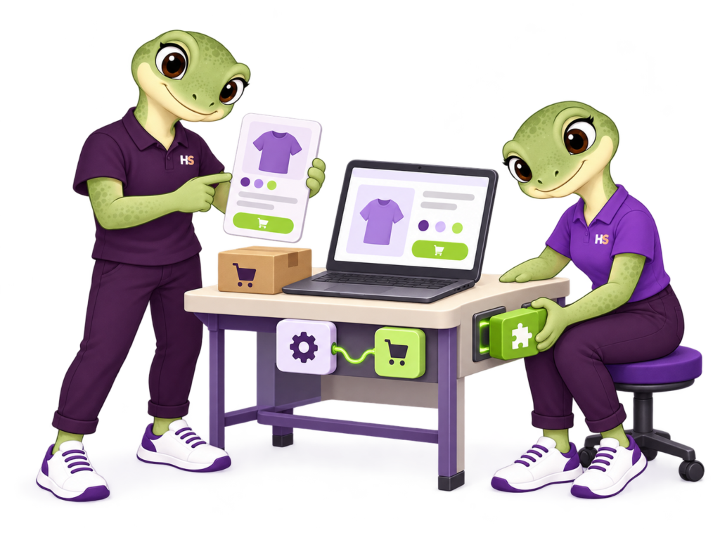 Le mascotte HookSpark al lavoro su un e-commerce, tra prodotti, carrello e moduli WooCommerce.
