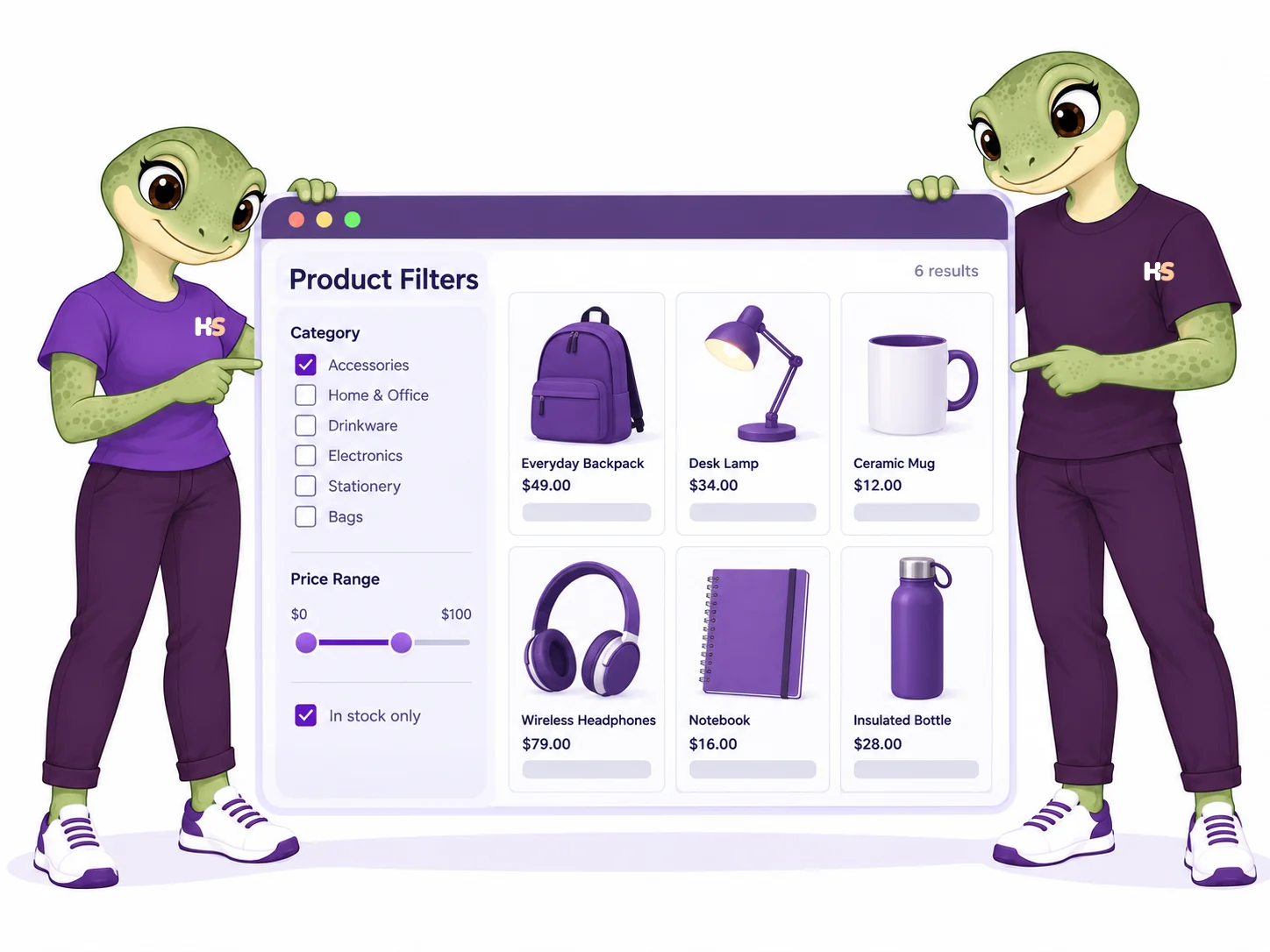 Illustrazione HookSpark di un catalogo filtrabile per categoria, prezzo e disponibilità