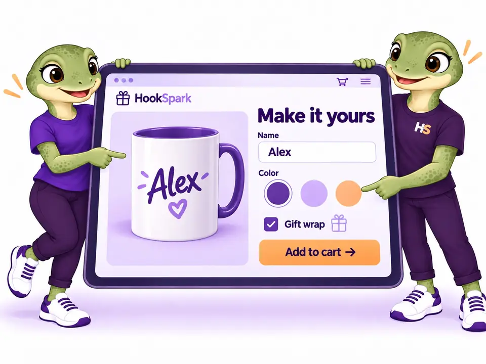 Illustrazione HookSpark di una tazza personalizzabile con nome, colore e confezione regalo